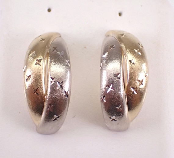 Vintage 14K Gold Half Hoop Earrings, Estate Two Toned Crossover Studs, Dainty Small Medium Star J Hoops