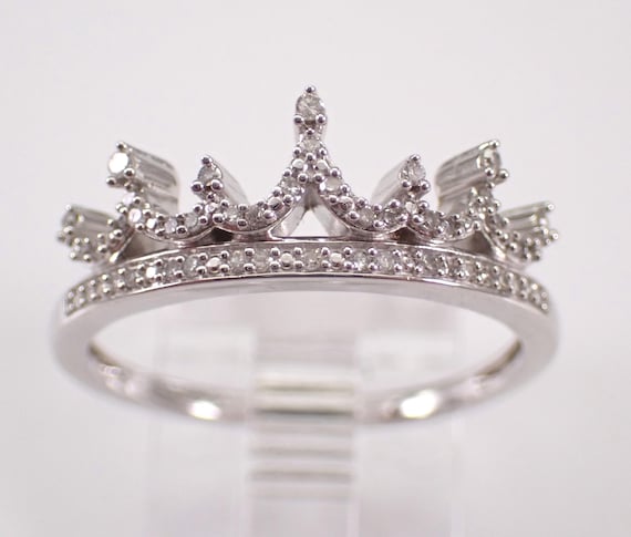 14K White Gold Diamond Crown Ring: Dainty Stackable Tiara Band