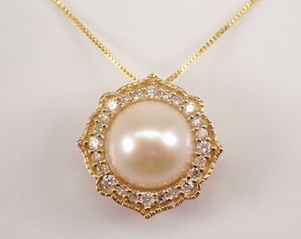 Pearl and Diamond Halo Necklace, Celestial Slide Pendant, Solid Yellow Gold Chain 18" June Birthstone