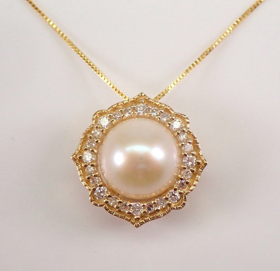 Pearl and Diamond Halo Necklace, Celestial Slide Pendant, Solid Yellow Gold Chain 18" June Birthstone