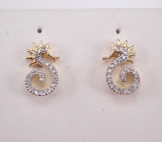 Diamond Seahorse Stud Earrings - Yellow Gold Sea Horse Studs - Dainty Good Luck Fine Jewelry Gift