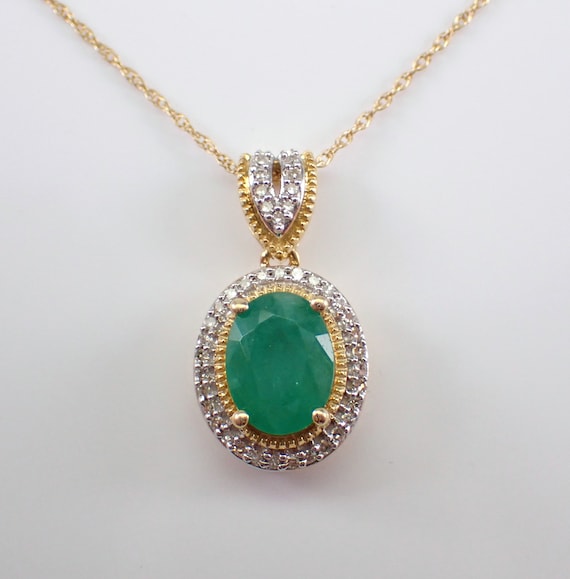 Emerald and Diamond Halo Necklace - Yellow Gold Gemstone Pendant and Chain - May Birthstone Fine Jewelry Gift