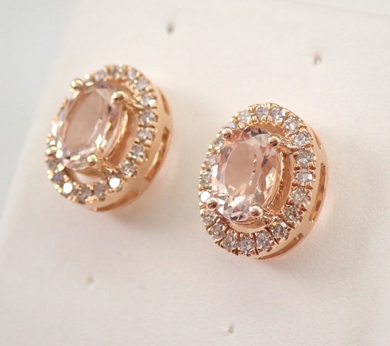 Morganite and Diamond Stud Earrings - 14K Rose Gold Oval Halo Studs - GalaxyGems Fine Jewelry Gift