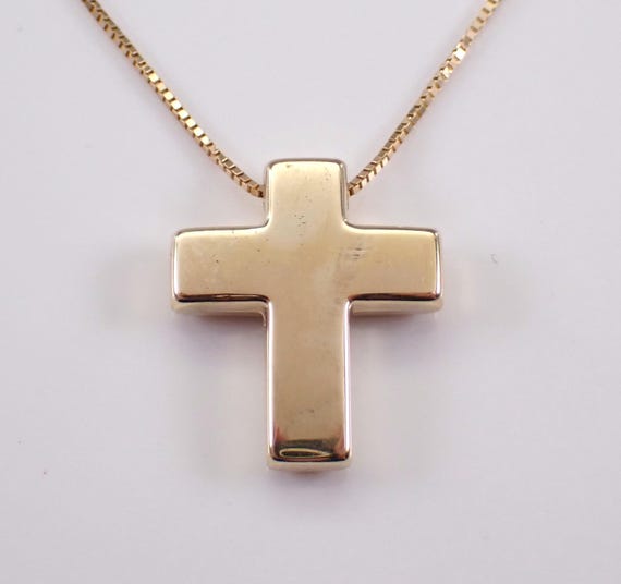 14K Yellow Gold Cross Pendant Necklace - Puffy Religious Crucifix Charm Slide - Vintage Estate Drop Choker Chain