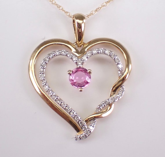 14K Yellow Gold Pink Sapphire Heart Pendant: Diamond Charm Choker Chain Necklace
