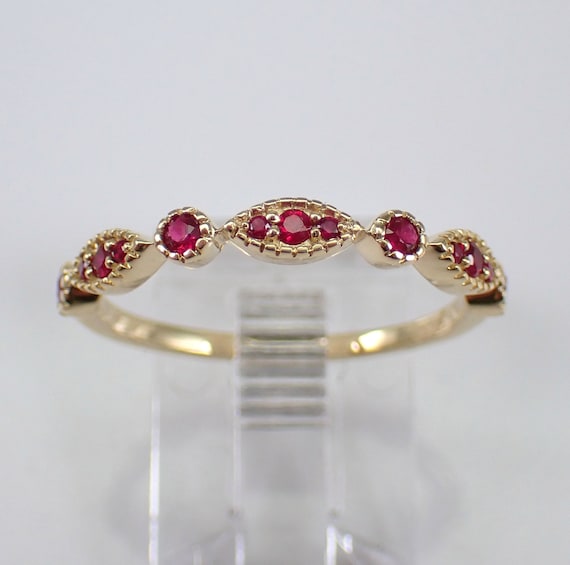 Genuine Ruby Wedding Ring, Solid Yellow Gold Stacking Anniversary Band, July Gemstone Gift for Women