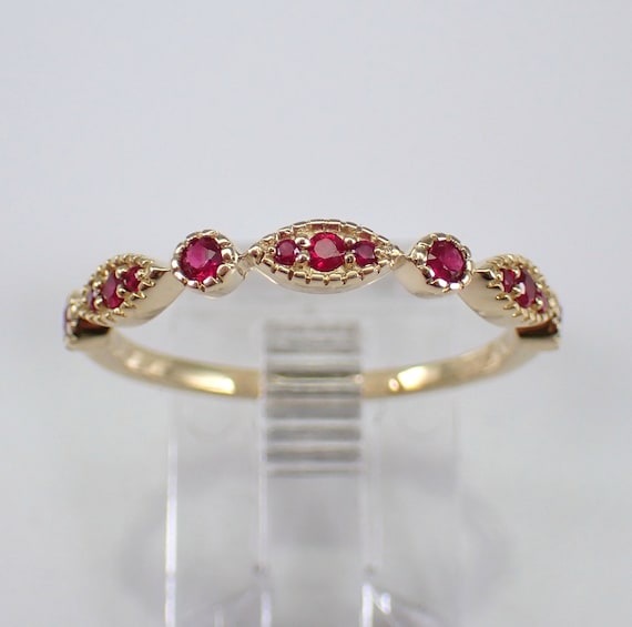 Yellow Gold Ruby Wedding Ring, Simple Stacking Anniversary Band, July Gemstone Gift for Women
