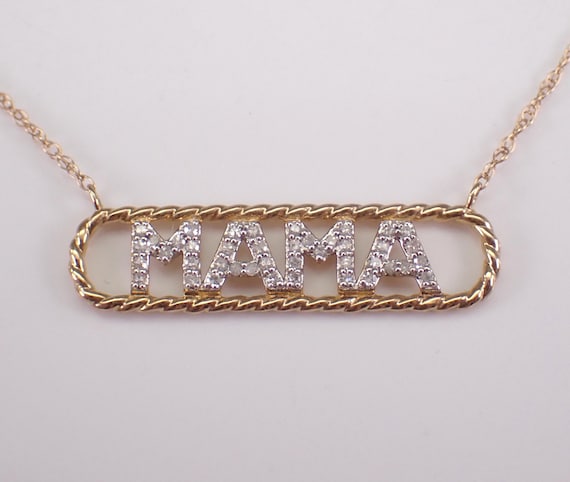Yellow Gold Diamond MAMA Necklace, Dainty Braided Station Charm Pendant and Chain