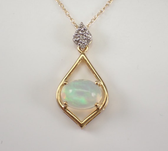 Opal and Diamond Pendant Necklace - Solid Yellow Gold Choker with 18 inch Chain - October Gemstone Jewelry Gift for Women