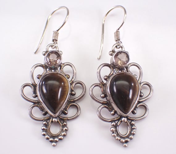 Vintage Sterling Silver Tiger Eye Dangle Earrings: Dainty Estate Teardrop Drops