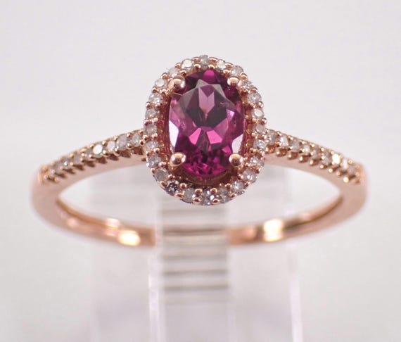 Garnet and Diamond Engagement Ring - Rose Gold Dainty Oval Halo Setting - January Birthstone Jewelry Gift