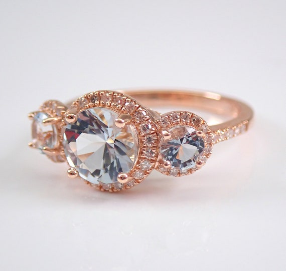 Three Stone Aquamarine Engagement Ring, Diamond Halo Bridal Setting, 14K Rose Gold March Gemstone Fine Jewelry