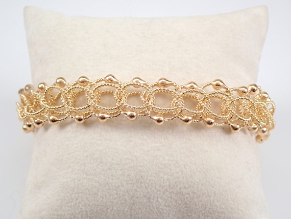 Vintage 14K Yellow Gold Charm Bracelet - Chunky Wide Beaded Braided Link - GalaxyGems Estate Fine Jewelry