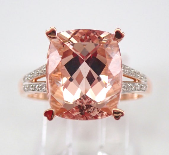 4ct Cushion Cut Morganite Ring - Genuine Diamond Setting - Solid Rose Gold Bridal Engagement Gift