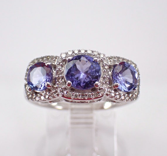 Tanzanite and Diamond Halo Ring, White Gold Gemstone Anniversary Band, Three Stone Past Present Future Jewelry Gift