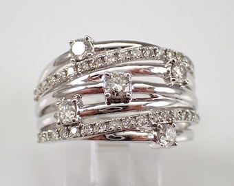 Diamond Crossover Wedding Ring - White Gold Multi Row Anniversary Band - Unique Wide Cocktail Right Hand Jewelry Gift