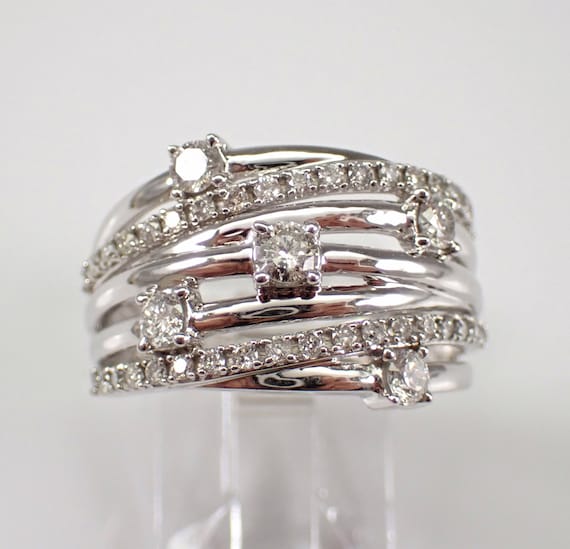 Diamond Crossover Wedding Ring - White Gold Multi Row Anniversary Band - Unique Wide Cocktail Right Hand Jewelry Gift