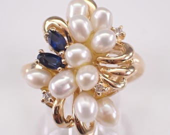 14K Yellow Gold Pearl and Sapphire Ring, 90s Vintage Diamond Cluster Band