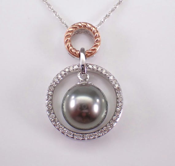 Black Tahitian Pearl and Diamond Necklace - 14K White and Rose Gold Pendant Charm Chain - Simple June Birthstone Jewelry Gift