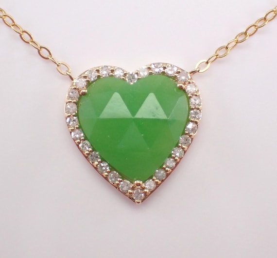 14K Yellow Gold Jade Heart Necklace - Diamond Halo Charm Pendant and Chain - Green Gemstone Bridal Wedding Gift