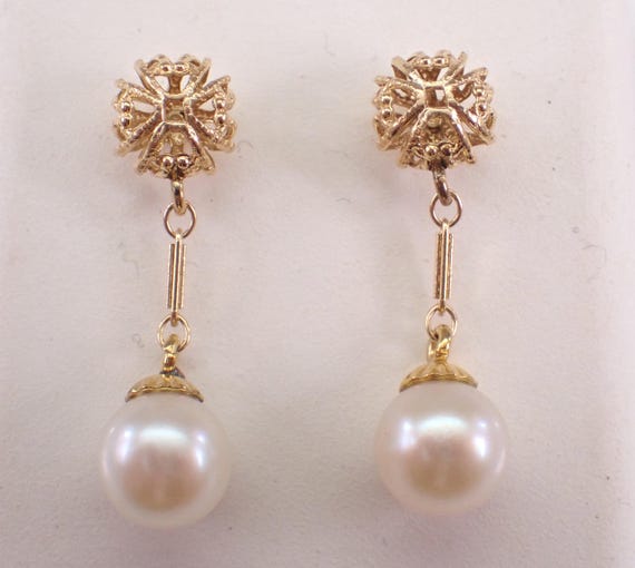 Vintage 14K Yellow Gold Pearl Earrings:  Unique Dangle Ball Stud Gemstone Jewelry