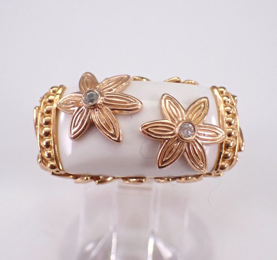 Sterling Silver Vermeil White Ceramic Ring - Unique Gemstone Flower Band - Estate Jewelry Gift