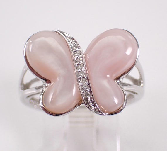 Pink Mother of Pearl and Diamond Butterfly Ring - White Gold Fine Jewelry Gift - Unique Carved Wing Gemstone