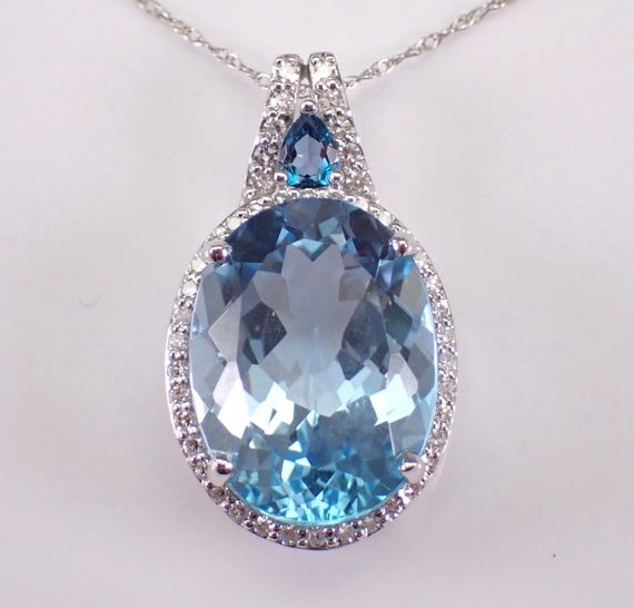 Sky Blue Topaz and Diamond Necklace - Large White Gold Pendant and Chain - December Birthstone Fine Jewelry Gift