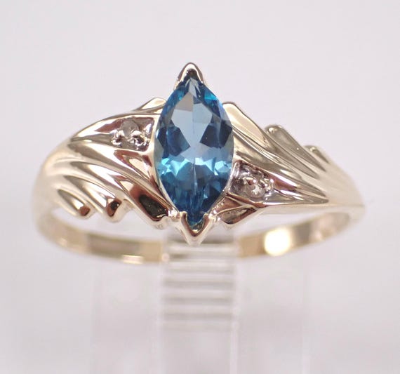 Vintage Blue Topaz Promise Ring - Yellow Gold Dainty Engagement Setting - Unique Gemstone Fine Jewelry Gift