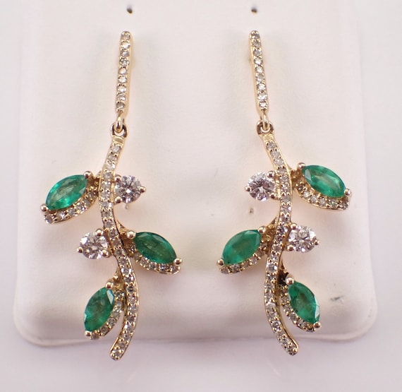 Emerald and Diamond Dangle Earrings - 14K Yellow Gold Unique Fine Jewelry - May Birthstone Gemstone Gift