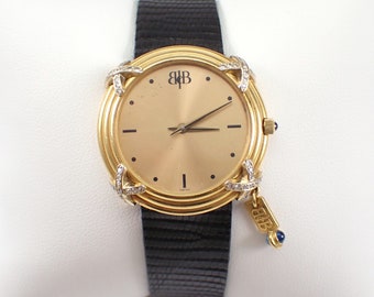 Vintage 18K Yellow Gold Boris LeBeau Watch - Unique Diamond Swiss Quartz Wristwatch - Black Leather Strap Band