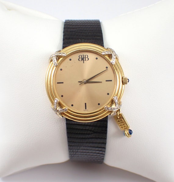 Vintage 18K Yellow Gold Boris LeBeau Watch - Unique Diamond Swiss Quartz Wristwatch - Black Leather Strap Band