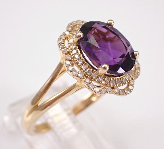 14K Yellow Gold Amethyst and Diamond Ring - Halo Flower Engagement Setting - February Gemstone Fine Jewelry Gift