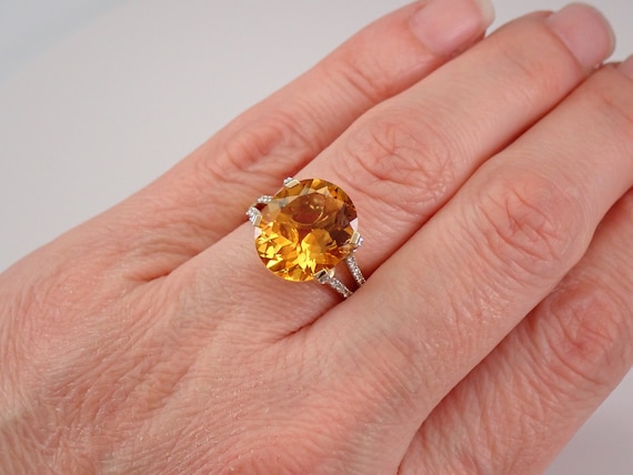 Large Citrine Engagement Ring set in 14K Yellow Gold, Oval Citrine and Diamond Ring, November Birthstone Jewelry