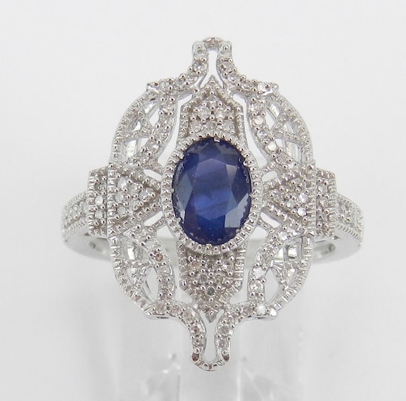 14K White Gold Sapphire Cocktail Ring, Antique Reproduction Diamond Setting, September Birthstone Jewelry Gift