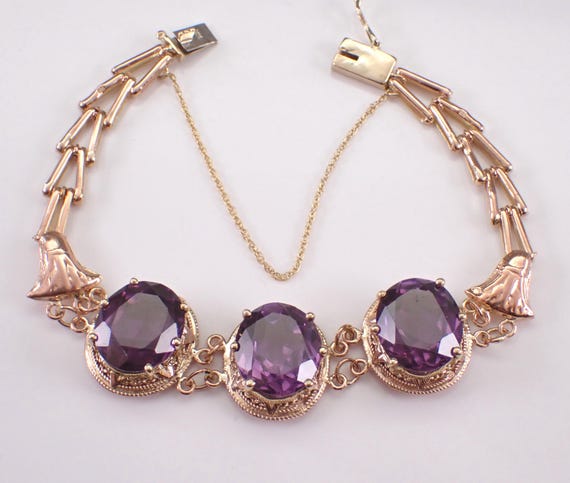 Vintage 14K Rose Gold Amethyst Bracelet: Antique Gemstone Chevron Link with Safety Chain