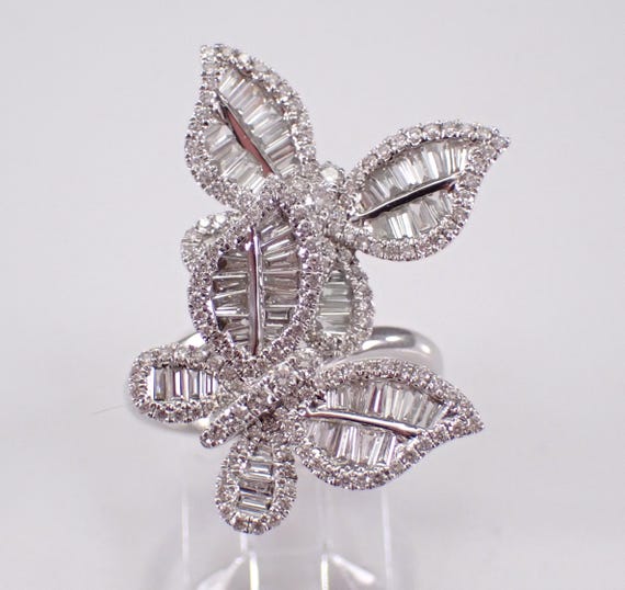 14K White Gold Diamond Butterfly Ring - Unique Crossover Fine Jewelry Gift - Baguette and Round Cluster Bypass Setting