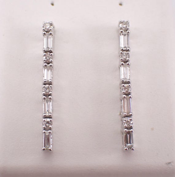 14K White Gold Baguette Diamond Earrings: Tennis Bar Dangle Drop Studs
