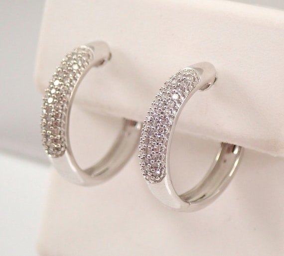 White Gold Diamond Hoop Earrings - Dainty Pave Set Huggies - Birthday Fine Jewelry Gift