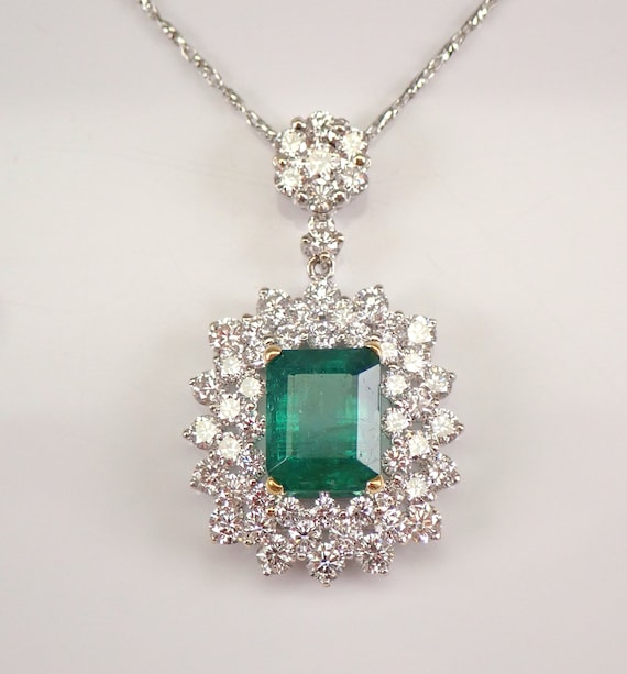 Emerald and Diamond Necklace, 18K White Gold Necklace Chain, May Gemstone Gift, Unique Fine Jewelry