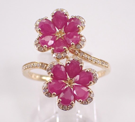 14K Yellow Gold Ruby and Diamond Flower Ring: Diamond Cluster Crossover Bypass Band