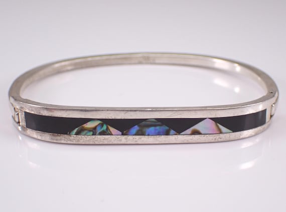 Vintage Sterling Silver Bangle Inlay Bracelet - Unique Estate Onyx and Mother of Pearl Cuff