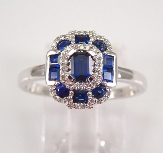 Petite Sapphire and Diamond Ring - 14K White Gold Dainty Gemstone Setting - Unique Bridal Promise Ring