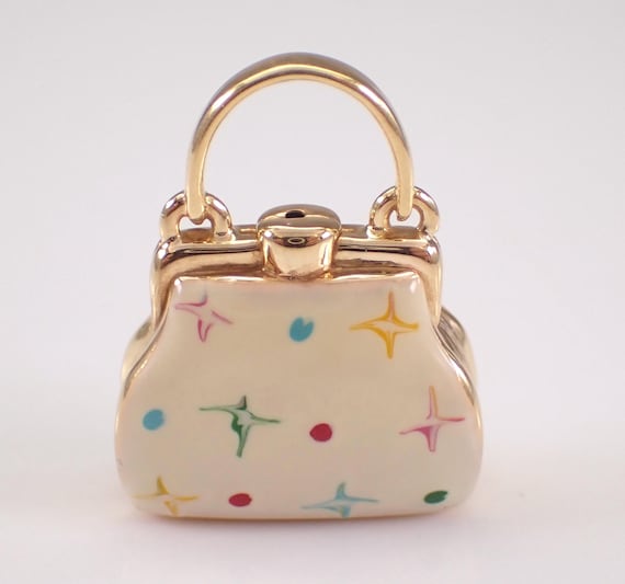 Vintage 14K Yellow Gold Enamel Purse Charm: Estate Bag Handbag Pocketbook Pendant