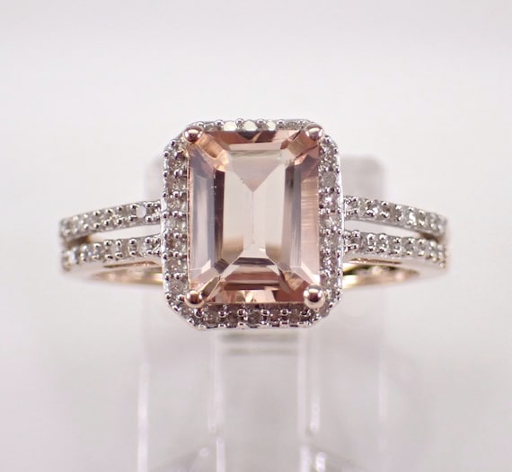 Emerald Cut Morganite Engagement Ring - Rose Gold Diamond Halo Setting - Pink Peach Gemstone Fine Jewelry Gift