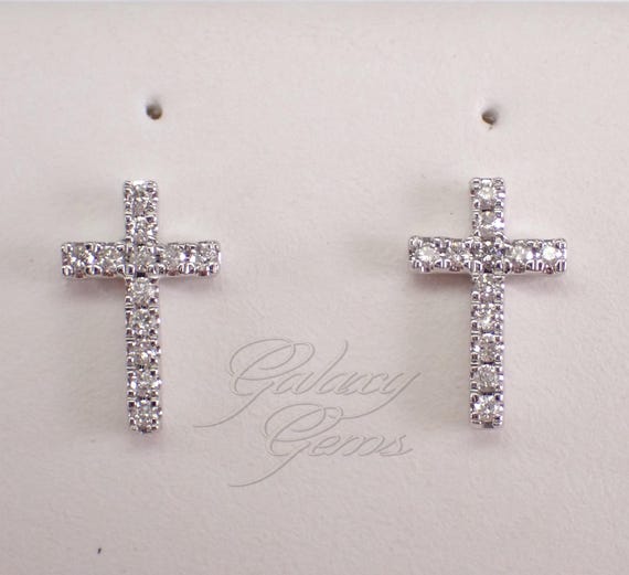 14K White Gold Diamond Cross Stud Earrings