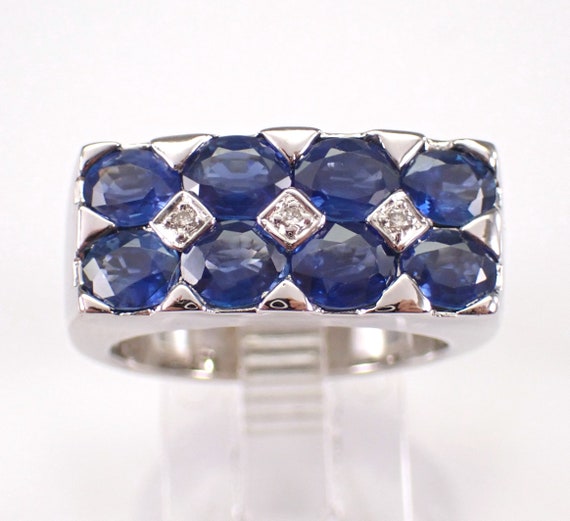 Sapphire and Diamond Anniversary Ring - 18K White Gold Stackable Wedding Band - GalaxyGems Bridal Fine Jewelry