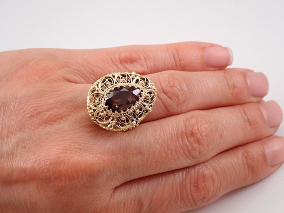 Antique Smokey Topaz Ring - Filigree 14K Yellow Gold Vintage Jewelry - Brown Quartz Teardrop Cocktail Ring