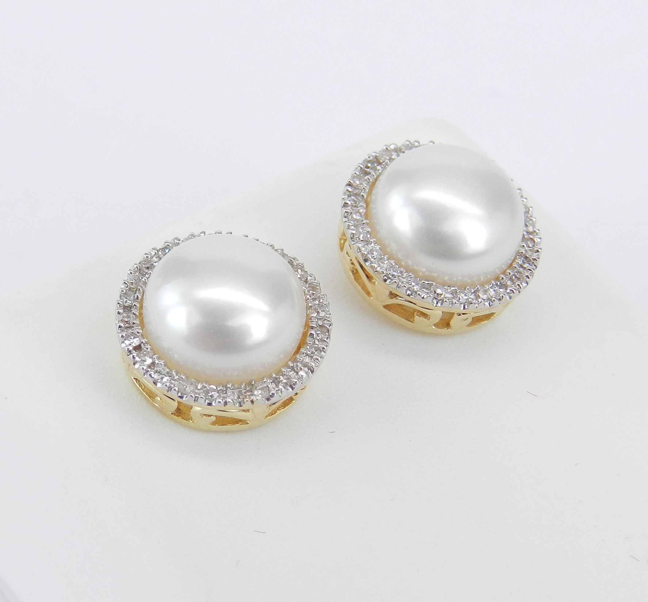 Pearl and Diamond Halo Stud Earrings 14K Yellow Gold June Birthstone ...