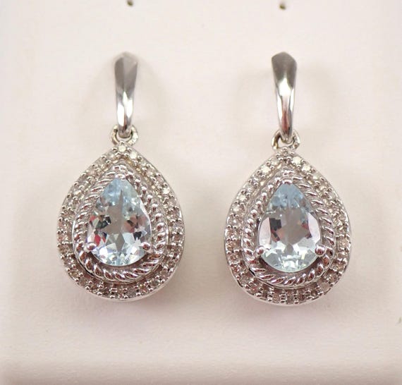 White Gold Aquamarine Earrings - Diamond Halo Teardrop Dangle Drops - March Aqua Gemstone Fine Jewelry Gift